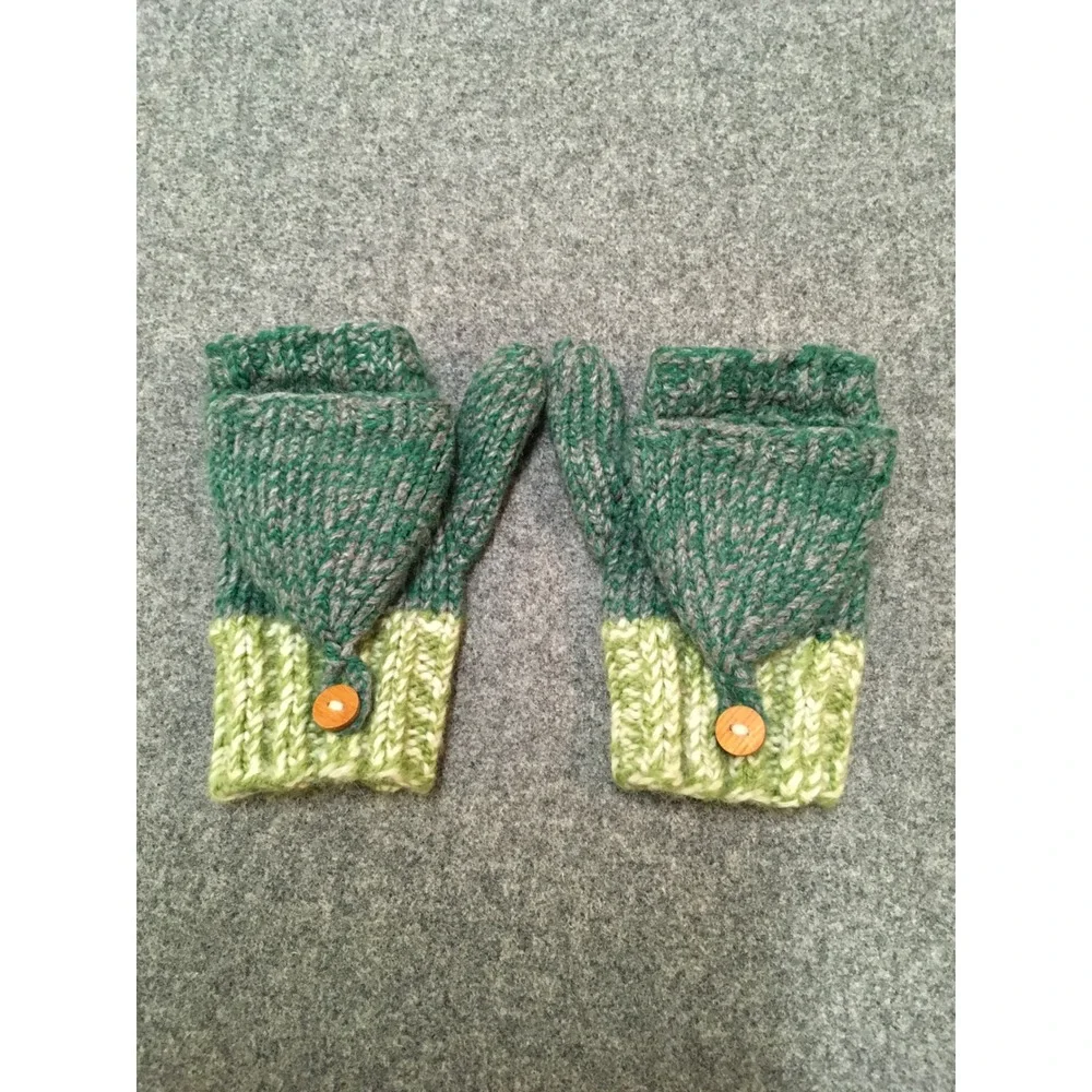 Homemade Convertible Mittens Kids 4-8 Years Green 100% Wool Flip Top Gloves